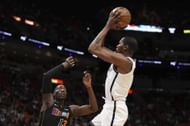 Kevin Durant #7 of the Brooklyn Nets shoots.